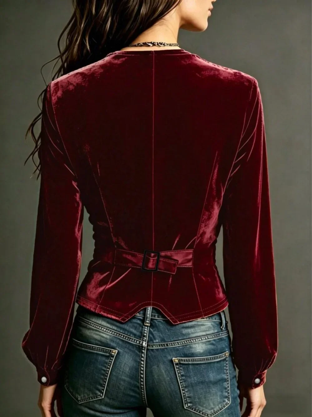 Burgundy Elegant Women's Plain Slim Fit Button Regular Sleeve V-Neck Blouse